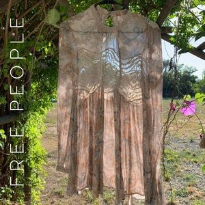 Free People Crochet Cream Peach Tunic Open Back Mini Dress Long Sleeve Boho S